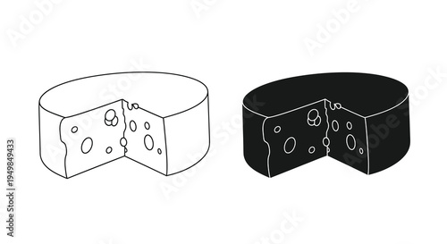 A minimalist black and white illustration depicts a wheel of swiss cheese showing both a line drawing and a solid black version