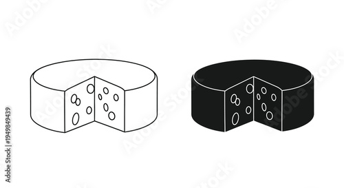 A minimalist black and white illustration depicts two round cheese wedges one light and one dark showing internal holes high quality