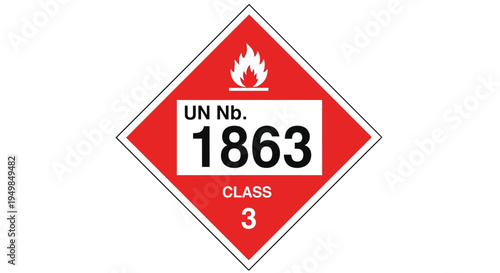A warning sign displays a flammable liquid symbol with UN number 1863 and classification details.