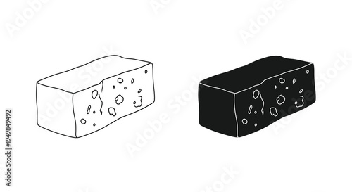 A black and white illustration depicts two rectangular objects one light and one dark both textured with irregular holes high quality