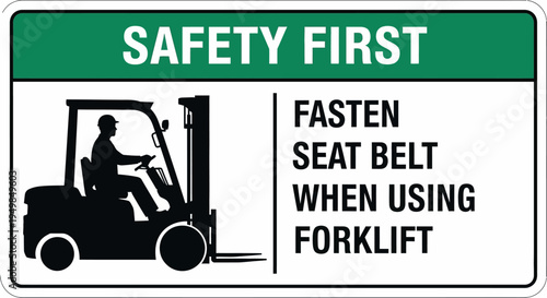 Forklift operator wearing seatbelt on machine in industrial setting for safety