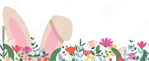 Horizontal seamless banner with a rabbit's ears in grass. Easter spring floral backdrop. Vector illustration isolated on a white background