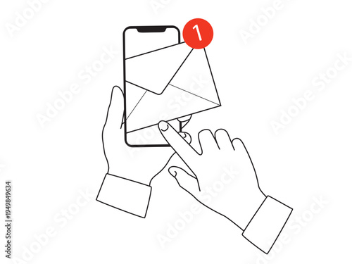 Hands holding a phone with an envelope with an unread message notification on the screen - outline illustration with red accent. Vector illustration isolated on a white background