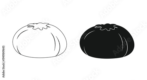 A simple black and white illustration depicts two rounded forms resembling bao buns one outlined and one solid high quality professional