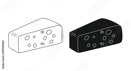 A black and white illustration depicts two wedge shaped cheeses one light and one dark both featuring prominent holes high quality professional