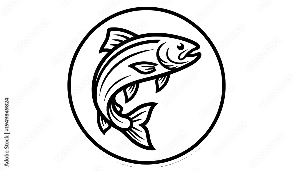 Fototapeta premium Jumping trout fish mascot outline logo black and white fishing vector design