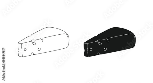 A minimalist illustration depicts two views of a cheese wedge one white and the other black showcasing its iconic holes