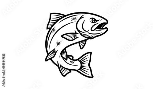 Trout fish mascot logo black and white fishing team vector illustration