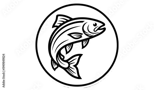 Jumping trout fish mascot outline logo black and white fishing vector design