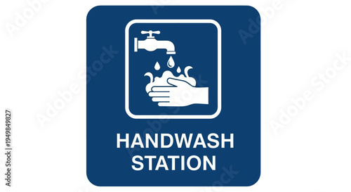 A sign displays a handwashing station with a faucet and hands under water.