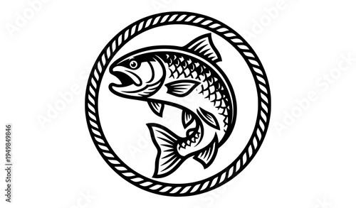 Trout fish mascot badge logo black and white fishing vector emblem