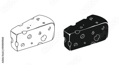 A black and white line drawing depicts two wedge shaped pieces of swiss cheese showcasing characteristic holes high quality professional detailed modern