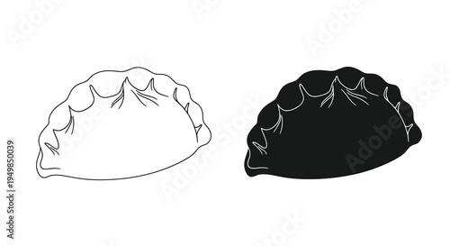 A minimalistic illustration depicts two pierogi dumplings one white and one black showcasing their folded shape and textured edges