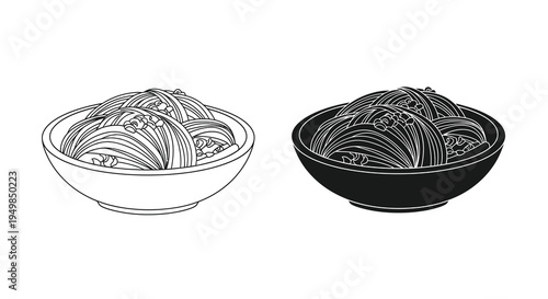 A black and white illustration depicts two bowls filled with neatly arranged spiraled noodle or dumpling like food items high quality professional