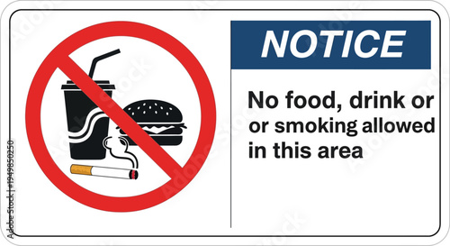 A sign displays a no food, drink, or smoking allowed notice in a public area with a prohibition symbol.