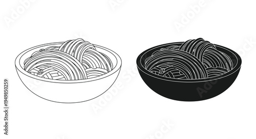 A monochromatic illustration depicts two bowls of spaghetti one with a white background and the other dark showcasing noodle texture
