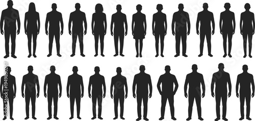 Collection of adult male and female silhouettes in two rows on white background Keywords: silhouette, people, group, standing