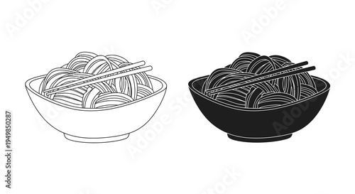 A detailed illustration showcases two bowls of noodles one in a white line drawing and the other filled with solid black with chopsticks