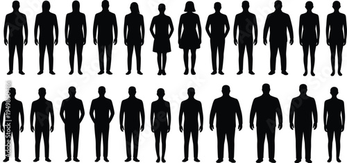 Diverse group of adult male and female silhouettes standing in two rows Keywords: silhouette, people, group, standing, male