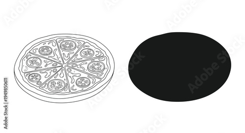 A simple line drawing depicts a sliced pizza alongside a solid black circle creating a stark visual contrast