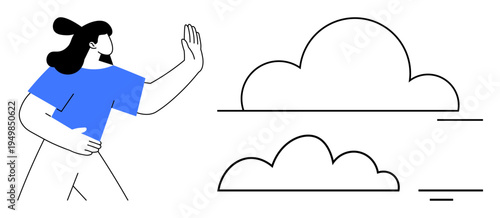 Cloud concept. Cloud drawn in minimal style data storage and connectivity. Woman signaling stop for controlling cloud access. For cloud computing, technology apps, data storage, online privacy