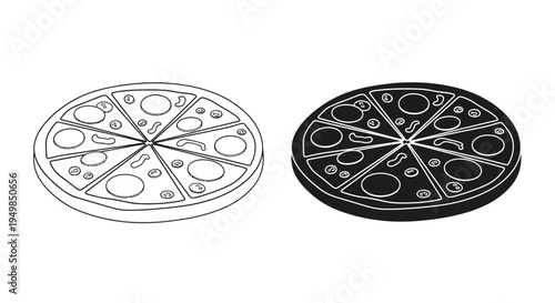 A black and white illustration depicts two circular pizzas both divided into eight equal slices with pepperoni toppings