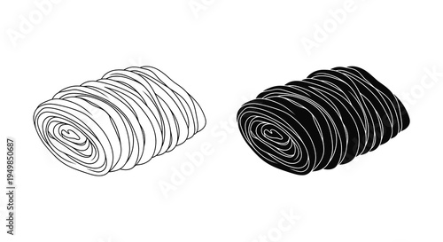 A black and white illustration depicts two rolled towels one light and one dark showcasing a simple line art style high quality
