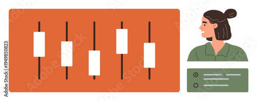 Stock trading, financial analysis, investment trends, banking concepts, data visualization, technical charts. Candlestick chart alongside a woman observing the data. Stock trading and financial