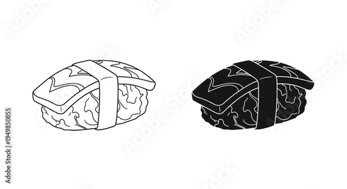 A minimalist black and white illustration depicts two pieces of nigiri sushi showcasing traditional japanese cuisine aesthetics high quality professional detailed