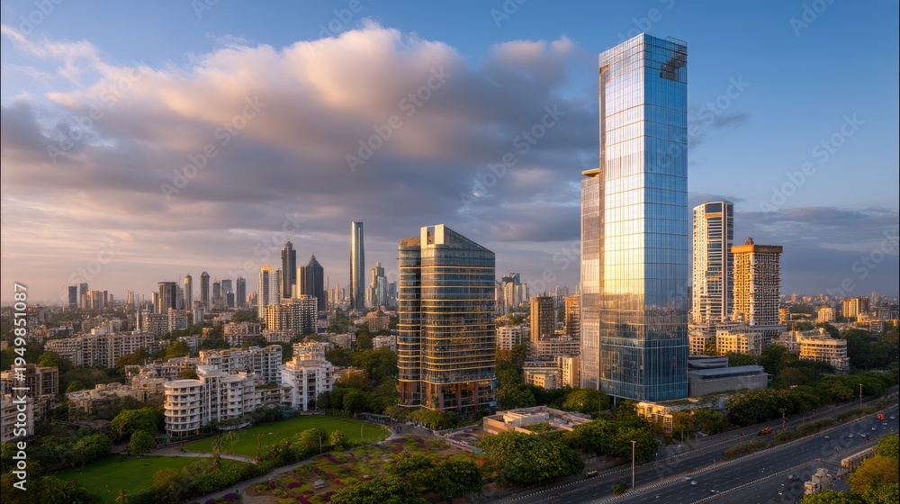 Fototapeta premium Urban skyline at sunset showcasing modern architecture and vibrant city life in a bustling metropolitan area