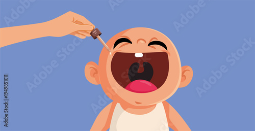 Mom Puts Medicine Drops in Baby Mouth Vector Illustration. Very young child receives vitamin D anti-rickets with a pipette