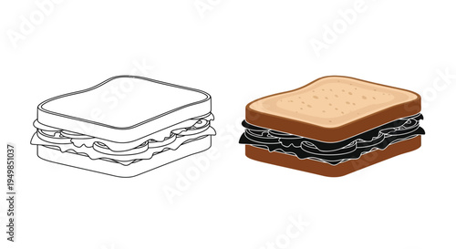 A detailed illustration showcases two variations of a stacked sandwich one as a line drawing and the other colored