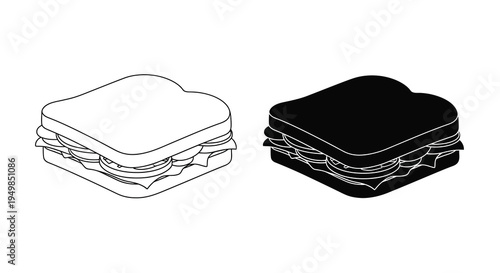 A simple illustration depicts a sandwich in two contrasting versions a white outline and a solid black silhouette