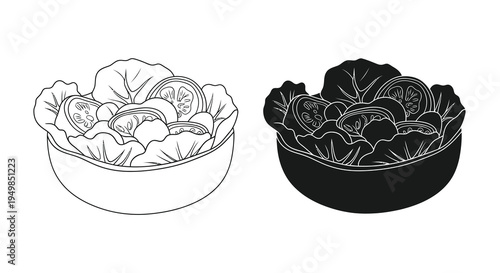 A black and white illustration depicts two bowls filled with a fresh salad showcasing a simple healthy meal option high quality