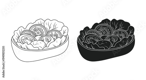 A black and white illustration depicts a salad within a bowl shown in both a lined and solid filled style high quality