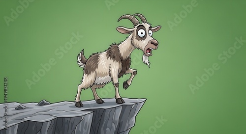 Humorous Cartoon Mountain Goat Standing on Cliff Edge in a Studio Setting