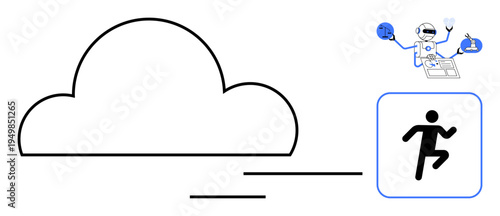 Cloud computing, artificial intelligence, automation, machine learning, technology, and digital transformation. A cloud with a running icon and AI robot operating technology tools. Cloud computing