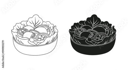A simple black and white line drawing depicts a bowl of salad shown in both a light and dark variation