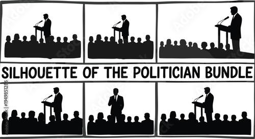 Silhouette of a politician speaking at a podium to an audience in a comic strip format vector illustration