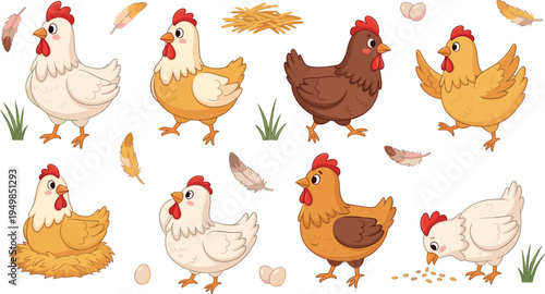 Cute Cartoon Chicken and Hen Farm Animal Set with Feathers, Nest, Eggs, and Poultry Characters for Agriculture Vector Illustration Collection
