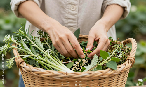 Woman collecting herbs in garden basket natural skin tones earthy colors organic lifestyle  Generative AI