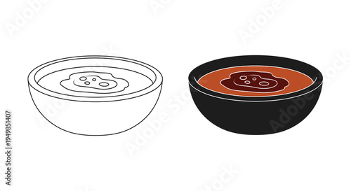 A minimalist illustration depicts two bowls one outlined in white and the other shaded black both containing a reddish brown substance