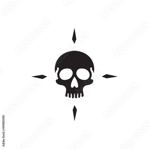 Compass skull. Small skull centered with directional points, compact symbol useful for logos, badges, and tattoo flash.