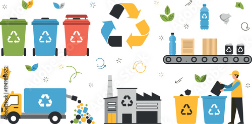 Recycling and Waste Management Illustration Set Featuring Recycling Bins, Garbage Truck, Sorting Worker, Plastic Bottles, Factory Processing and Environmental Sustainability Elements