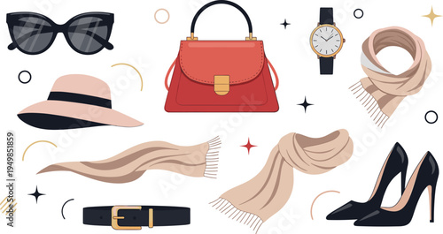 Women Fashion Accessories Collection with Sunglasses, Handbag, Hat, Watch, Scarf, Belt, and High Heel Shoes Stylish Vector Illustration Set