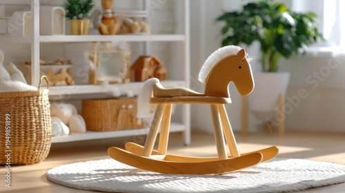 Wooden rocking horse toy for children in a bright and modern nursery with natural light and playful decor