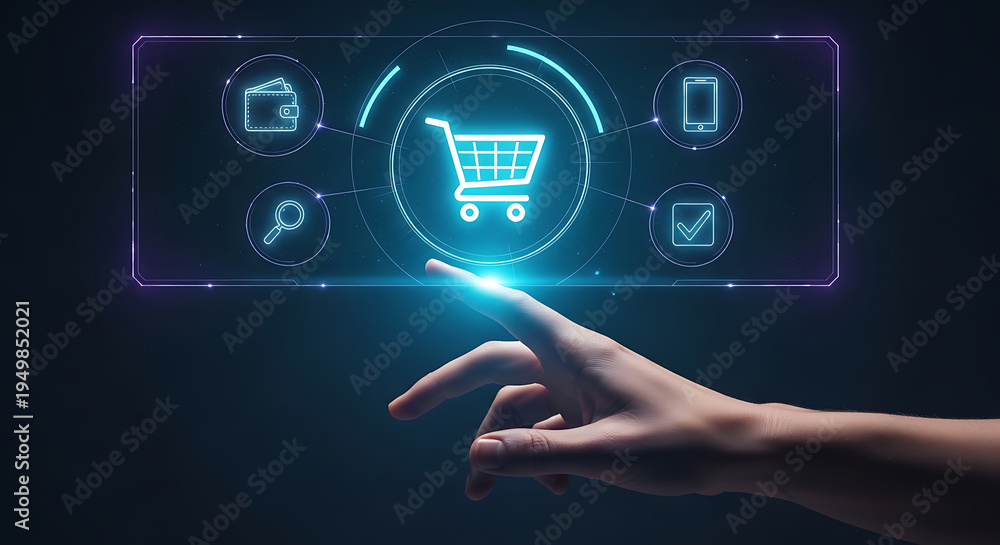 Naklejka premium Human hand touching a glowing shopping cart icon on a futuristic digital interface, symbolizing the evolution of e-commerce, online retail, and seamless digital transaction technology