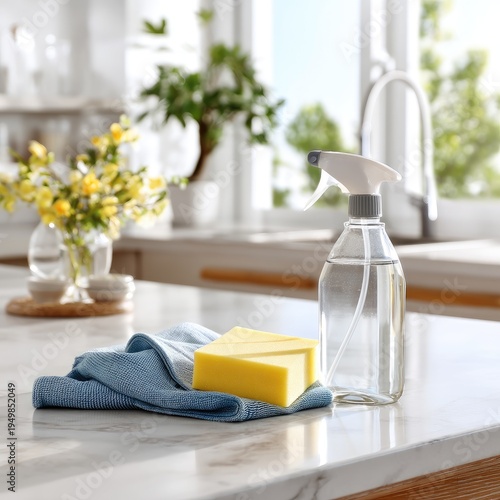 Clean Kitchen Countertop with Spray Bottle and Sponge Surrounded by Natural Light and Fresh Flowers