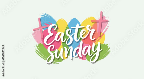 Easter sunday celebration with colorful eggs and crosses on green background