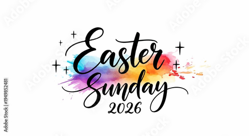 Easter sunday 2026 colorful celebration logo with sparkles and rainbow background